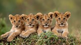 Four cute lion cubs sit together on a bank in the African wilderness