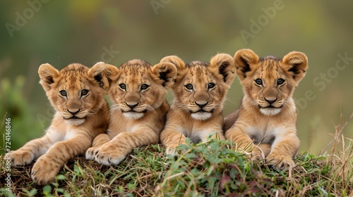 Four cute lion cubs sit together on a bank in the African wilderness © Athena