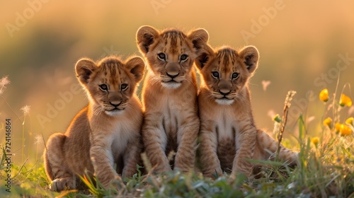 Four cute lion cubs sit together on a bank in the African wilderness