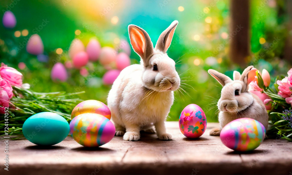 custom made wallpaper toronto digitalEaster eggs and bunny beautiful background. Selective focus.