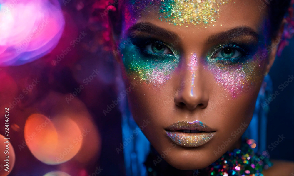 Woman face with beautiful shiny makeup. Selective focus. Woman face with beautiful shiny makeup. Selective focus.