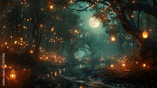 A mystical forest filled with floating lanterns, where participants find their center under the full moons mystical energy. photo