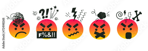 Swearing emoji collection. A set with vector gradient angry faces, objects, effects. Swear words. Harsh mood. Negative thinking concept on white background