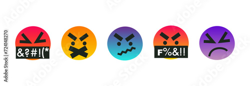 Swearing emoji icon collection. A set with vector angry faces, objects, effects. Swear words. Harsh mood. Negative thinking concept on white background