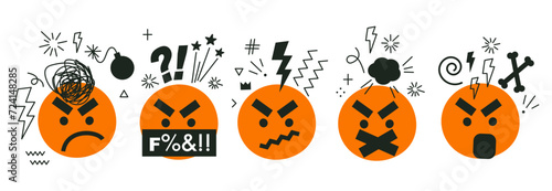 Swearing emoji icons set. A set with hand drawn vector angry faces, objects, effects and censored symbols substituting rude. Swear words. Harsh mood. Negative thinking concept on white background