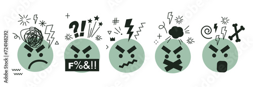Swearing emoji icon collection. A set with vector angry faces, objects, effects. Swear words. Harsh mood. Negative thinking concept on white background