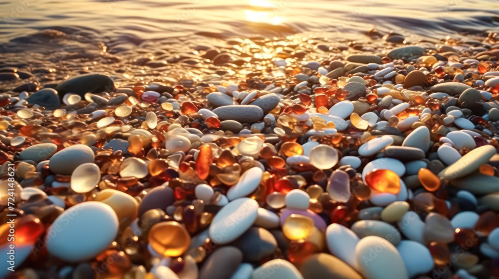 Obraz premium Experience the simplicity of a pebble beach against the backdrop of a clear blue sky.