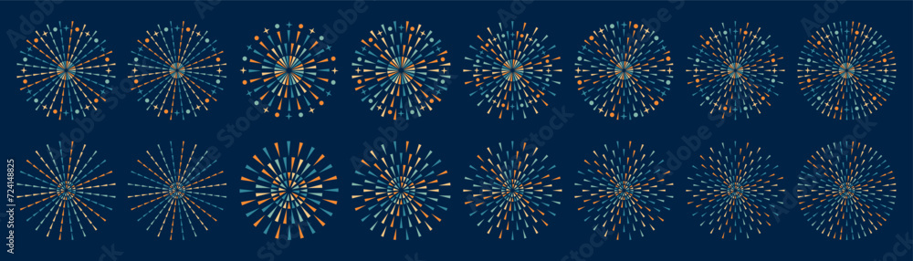 Set of creative fireworks explosion design vectors, ornament fireworks colorful design vector.