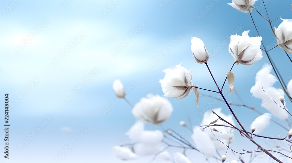 White spring flowers with blue sky in the background
