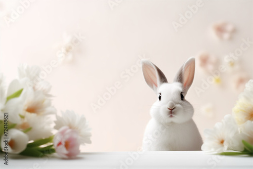 Lovely bunny easter fluffy baby white rabbit with daisy flowers nature background. Symbol of easter day festival. summer season.