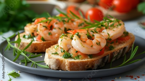 Delicious small shrimp prawn starters on toast 