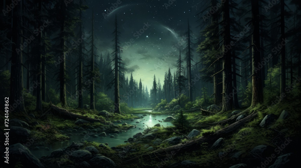dark mysterious forest panorama, fantasy landscape. Neural network AI generated art