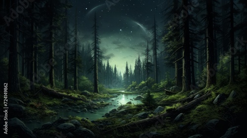 dark mysterious forest panorama, fantasy landscape. Neural network AI generated art © mehaniq41