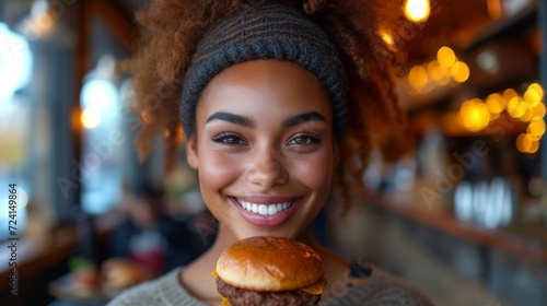 Joyful African American woman eating fast food in outdoor cafe Generative AI