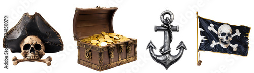 Assembled Pirate Essentials: Hat-adorned Skull, Anchor, Pirate Flag, and Treasure Chest, Isolated on Transparent Background, PNG