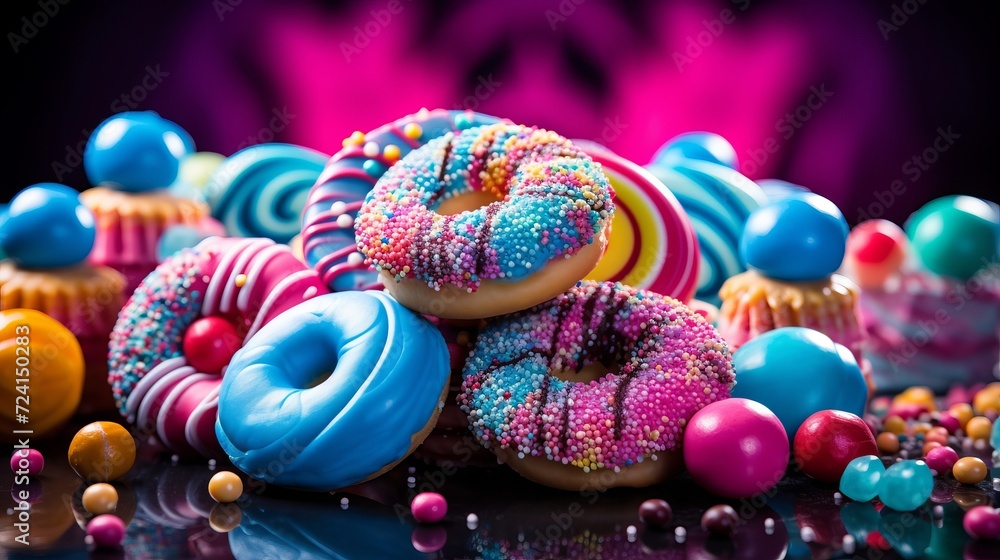 Assorted donuts with sprinkles on a black reflective background.