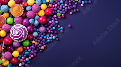 Colorful candies on dark background. Top view with copy space photo