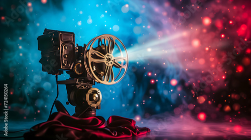 Retro cinema projector with dynamic light effects and bokeh. photo