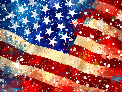 Artistic splatter of stars and stripes in bold colors.