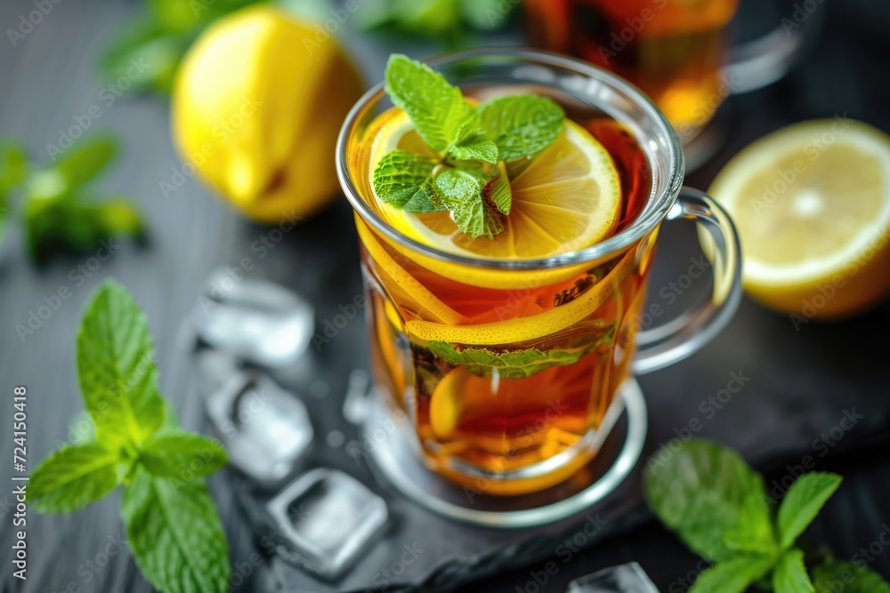 Cold tea with lemon and mint herbal on the table in glass