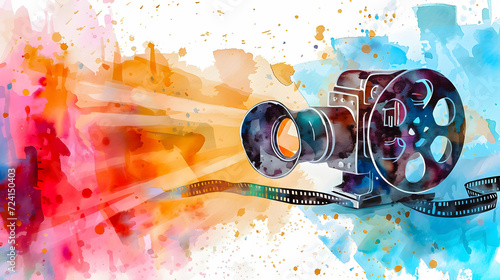 Artistic representation of classic cinema equipment on colorful background.