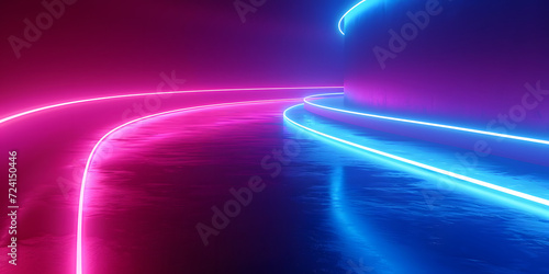 abstract panoramic neon background. Bright purple violet pink lines glowing in ultraviolet light