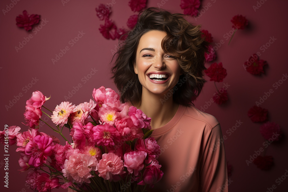 beautiful young brunette woman with her eyes closed in pleasure laughs and holds a bouquet of flowers in her hands on a pink background