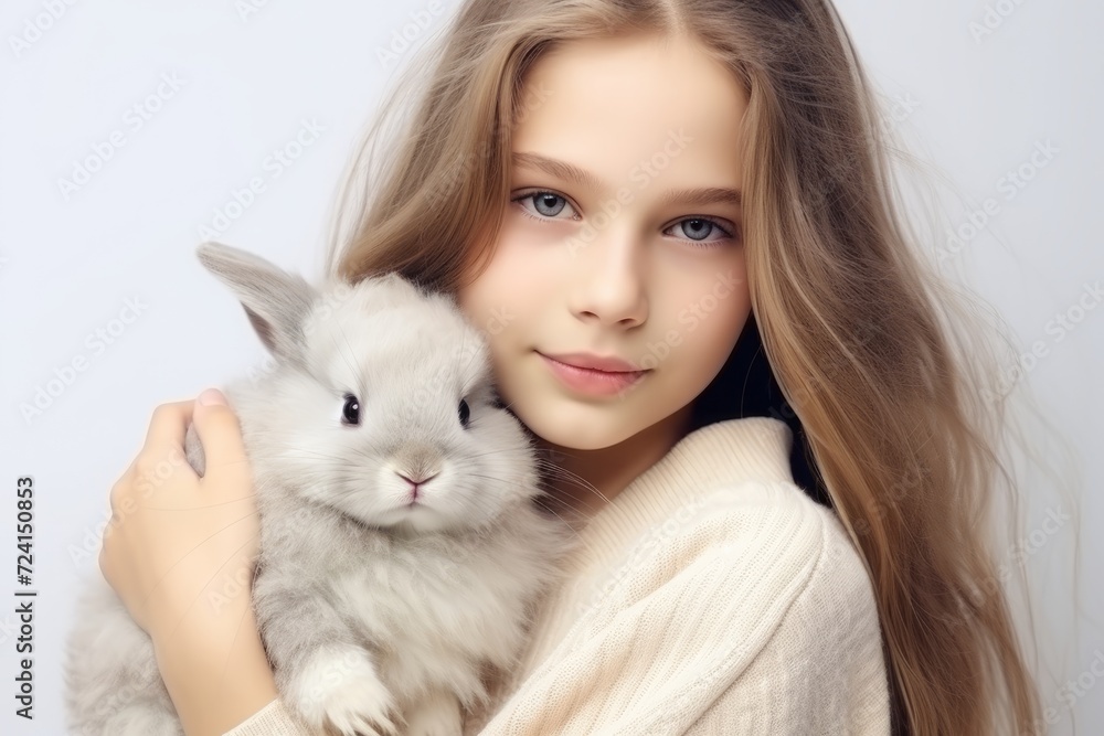 A beautiful girl is holding an American Fuzzy Lop rabbit, funny bunny. A beautiful girl is holding an American Fuzzy Lop rabbit, funny bunny.