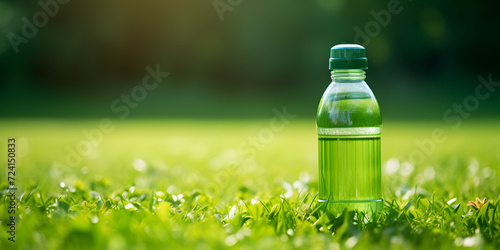 Bottle of water on the green grass isolated on white background, 