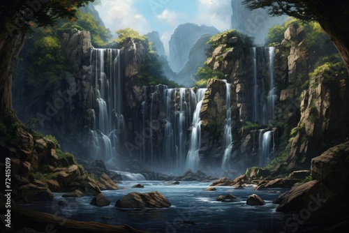 a landscape with a waterfall. streams of water flowing down the slope. © MaskaRad