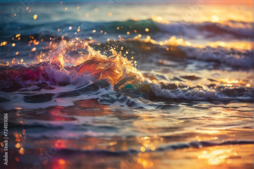 Glittering Ocean Waves at Sunset, multicolor, bokeh, background © dmamith