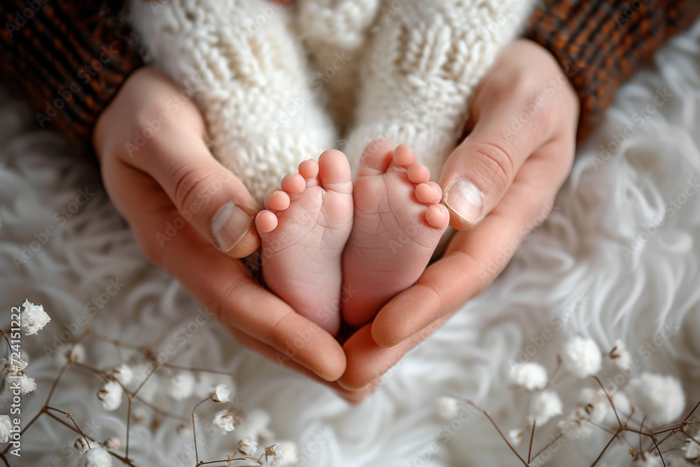 Father's Hands Tenderly Holding Baby's Feet Father's Hands Tenderly Holding Baby's Feet