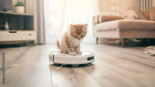 Purr-fect Harmony: Kitten Rides Robot Vacuum in Modern Living Room. Generative AI © Sascha