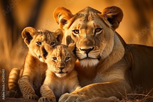 mother lioness with her young ones, little lion cubs, cuddles together. family, motherhood in animals. wildlife. © MaskaRad