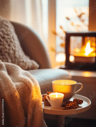 Cup of hot drink and knitted blanket. Cozy hygge atmosphere at home. Fireplace in the background. Selective focus, bokeh background.