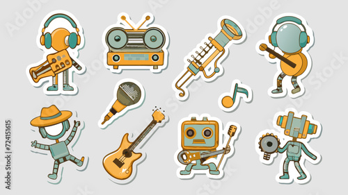 Fototapeta Naklejka Na Ścianę i Meble -  Set Of Stickers, Audio Technique Characters In Cartoon Retro Style. Dynamics, Tape And Recorder, Microphone, Player