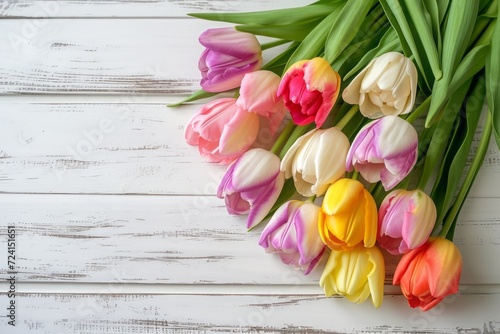 Beautiful tulip flower bouquet on white wooden background. Spring mockup, product display. #724151651