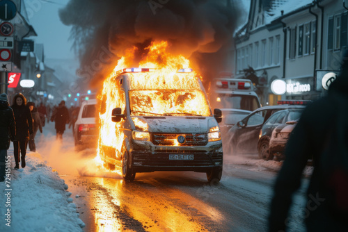Ambulance Vehicle Caught in Street Fire