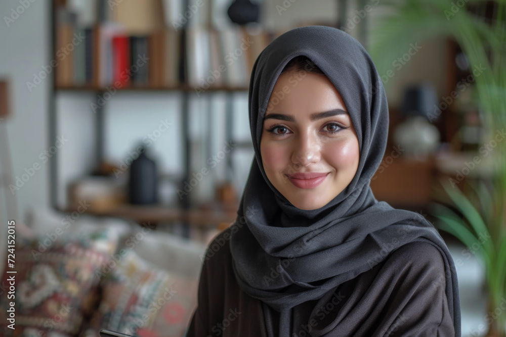 Beautiful Muslim Woman Sitting on Sofa in Living Room Beautiful Muslim Woman Sitting on Sofa in Living Room