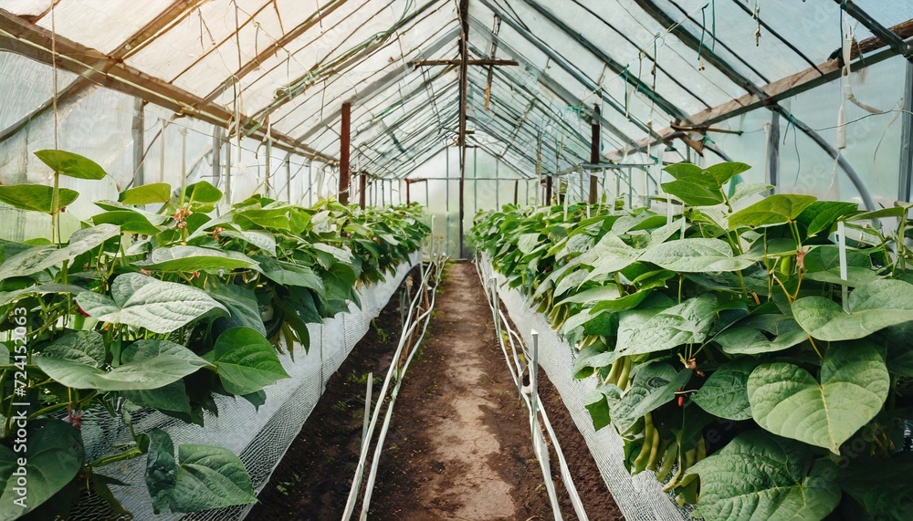 Runner beans growing in a greenhouse. Organic agriculture. Eco green business