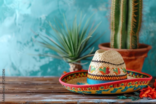 Cinco de Mayo holiday. Mexican party concept, cactus and sombrero hat on wooden table.