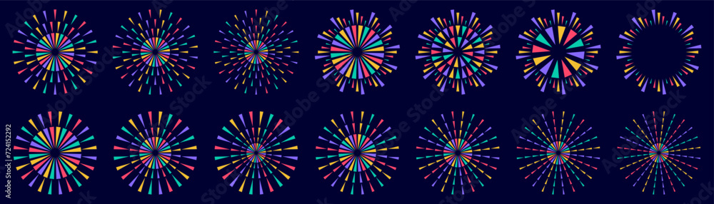 Set of creative fireworks explosion design vectors, ornament fireworks colorful design vector. Set of creative fireworks explosion design vectors, ornament fireworks colorful design vector.