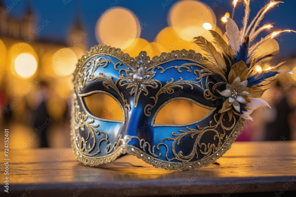 Elegant blue Venice carnival mask with golden details, flower and feathers on wooden table on the street, beautiful bokeh lights of blurred background