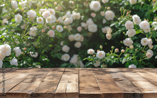 Empty wooden table on white rose garden background. Summer mockup, product display.