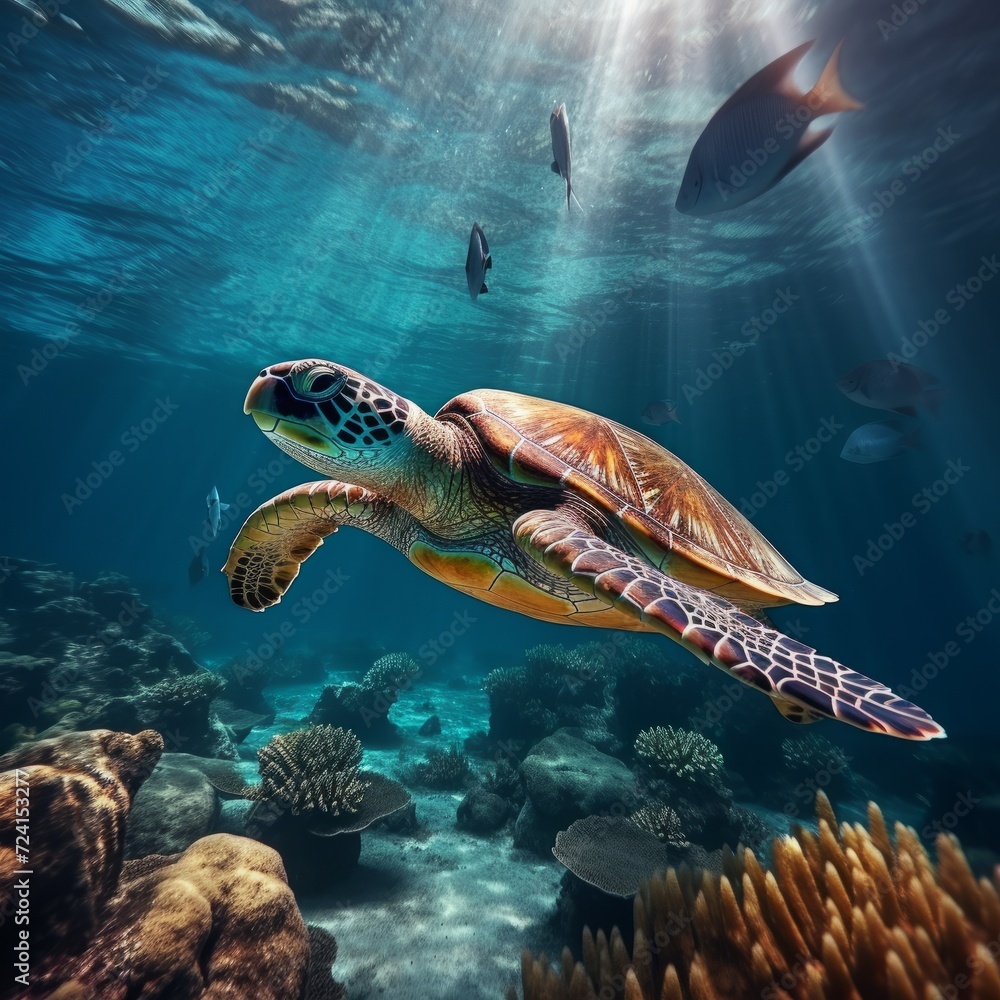 Fototapeta premium A large sea turtle swims in the ocean underwater.
