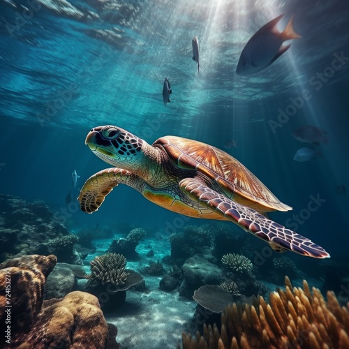 A large sea turtle swims in the ocean underwater.