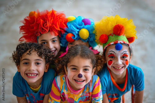 Children Embracing Birthday Happiness in Clown Costumes
