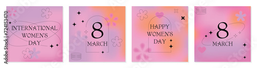 International Women's Day. 8 March banner, set greeting card. Trendy gradients, blurry shapes, typography, y2k, linear forms. Minimalist design for party, ads, cover, social media templates