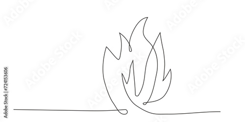 Fire line art continuous, bonfire doodle isolated on white background. Simple Burning flame