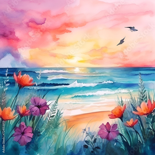 sunset over the sea watercolor